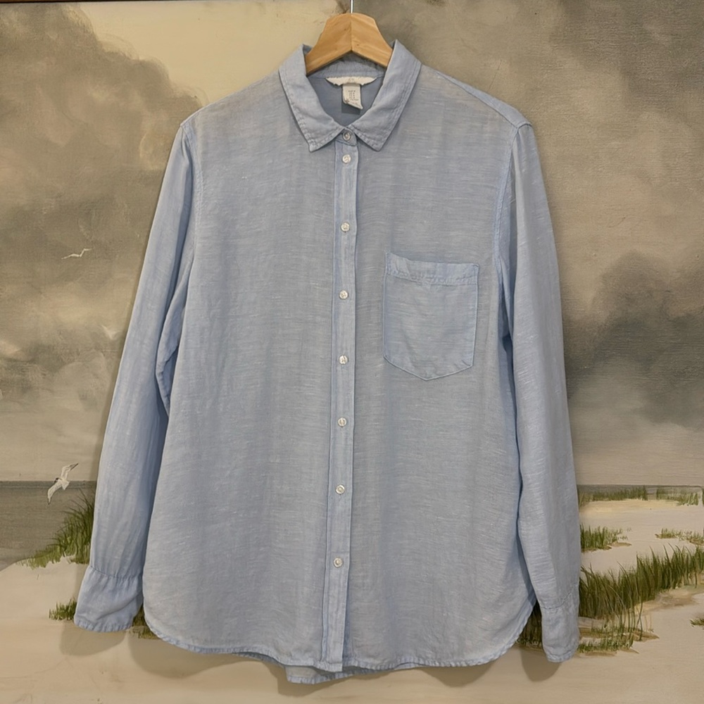 H&M Linen Blue Button Down Long Sleeve Shirt | Womens Medium